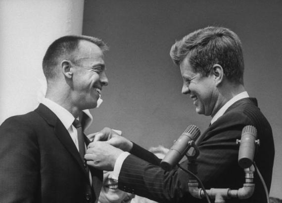Astronaut Alan B. Shepard (L) recieving an award from President John F. Kennedy (R). (Photo by Joseph Scherschel//Time Life Pictures/Getty Images)